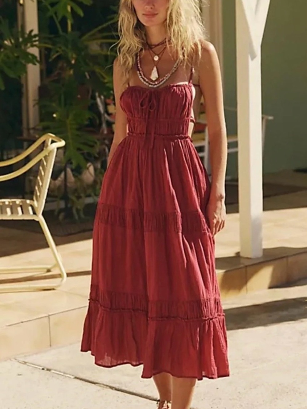 BNWT Free People Takin Sides Aged Red Strappy Tiered Maxi Dress
